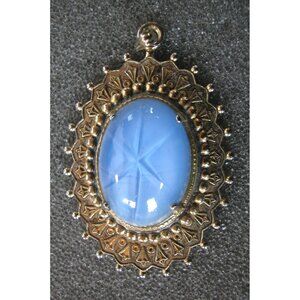 Vintage Gold-Tone Oval Pendant / Blue Cabochon Stone & Intricate Design 1.25" X
